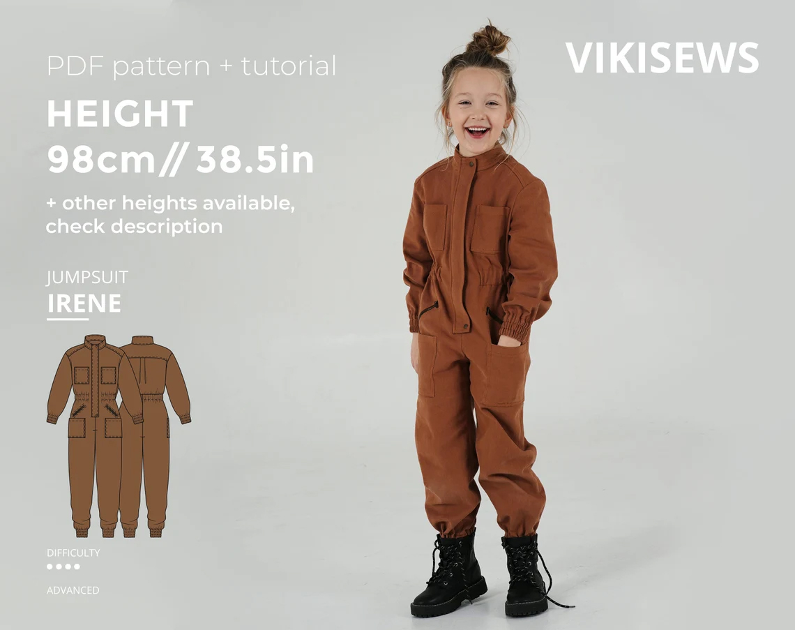 Irene jumpsuit (girls) sewing pattern with tutorial height 38.5 in 98 cm