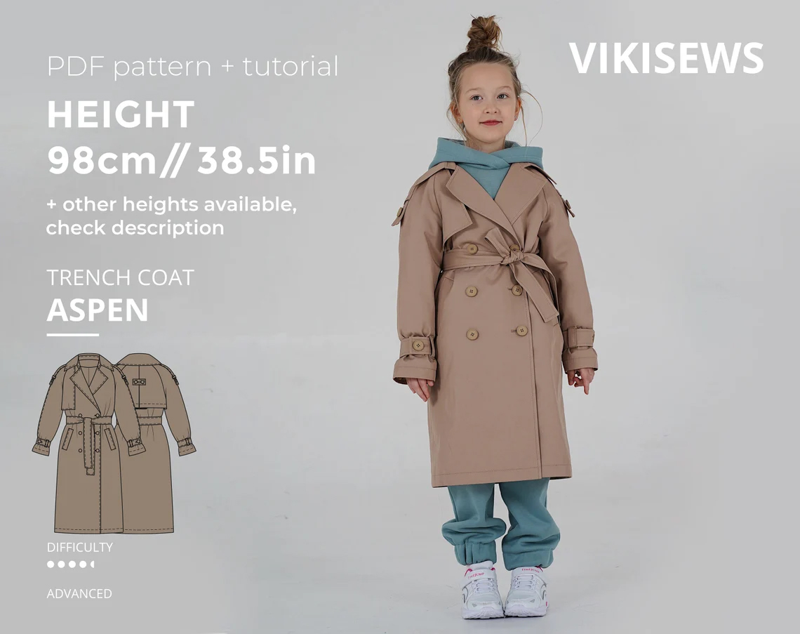 Aspen Trench Coat (girls) sewing pattern with tutorial height 38.5 in 98 cm